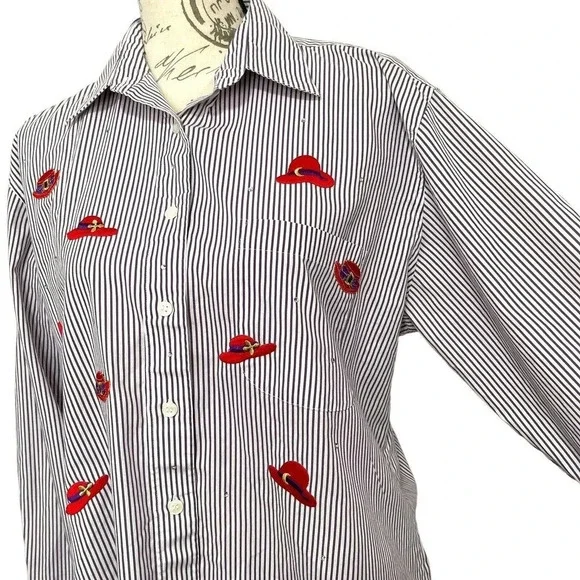Draper's & Damon's Button Up Shirt Womens Medium Purple Striped‎ Red Hat Novelty - Picture 5 of 8